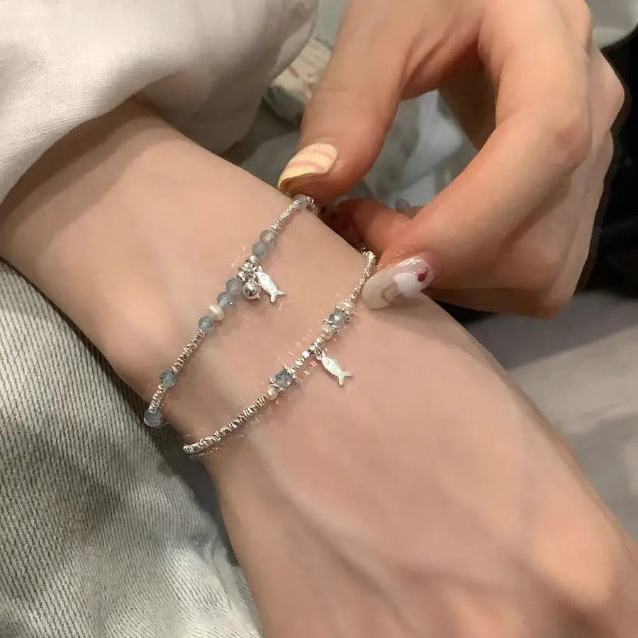 Summer Blue Beaded Silver Fish Bracelet - Norellé