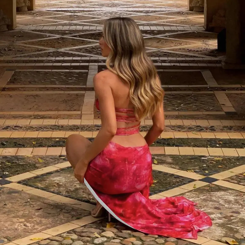 Graceful Personality Tie-dye Metal Ring Stitching Design Low-cut Exposed Navel Lace-up Dress