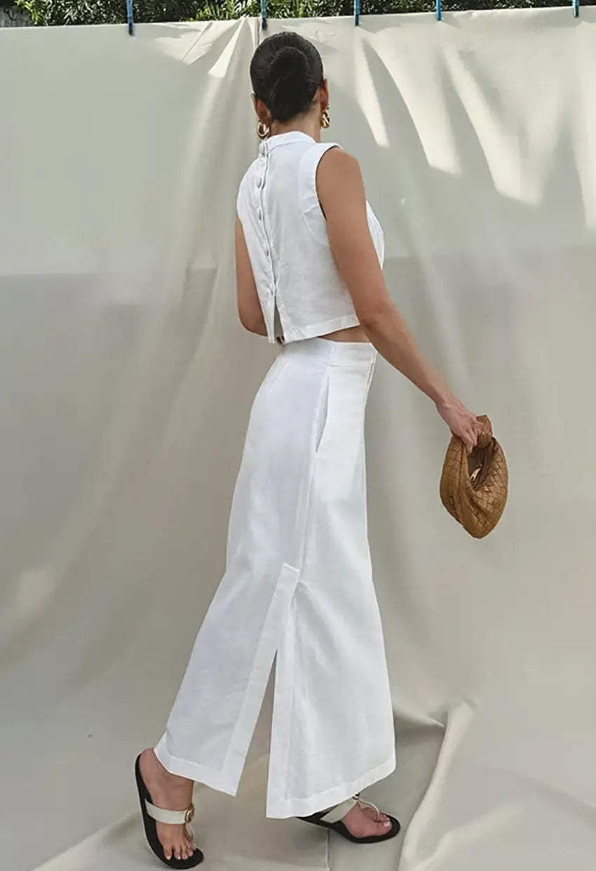 White Cotton Linen Sleeveless Stand Collar Top Slit Loose Long Skirt Two-piece Set