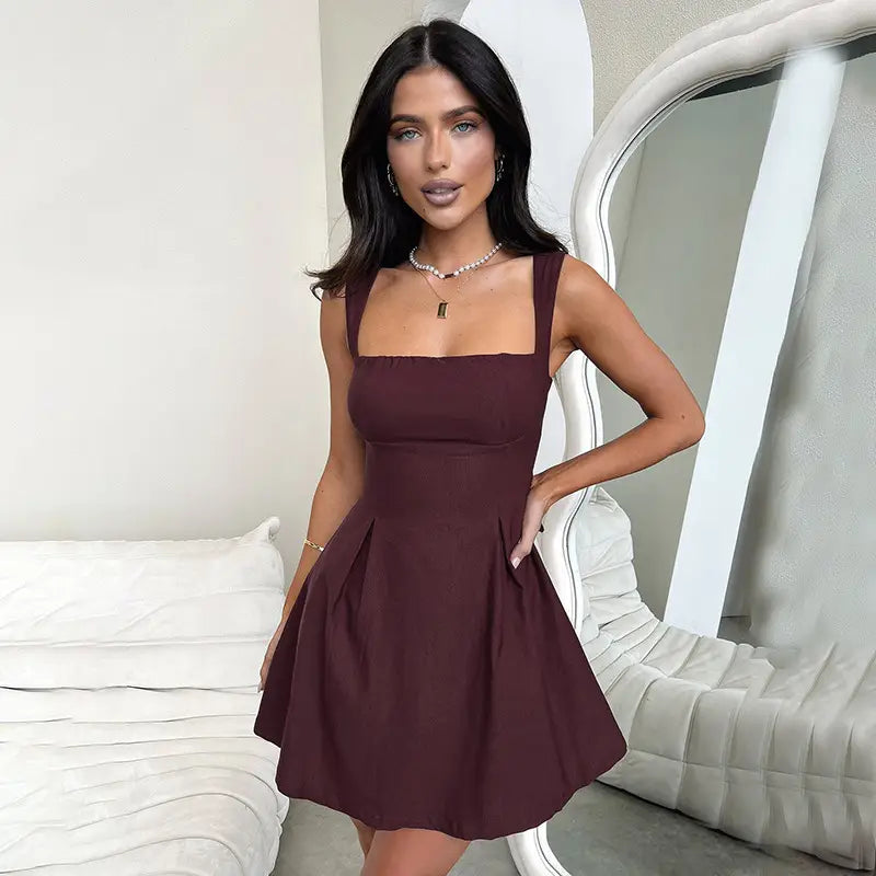 Solid Color Sling Slim-fit Pleated Skirt High Waist Dress