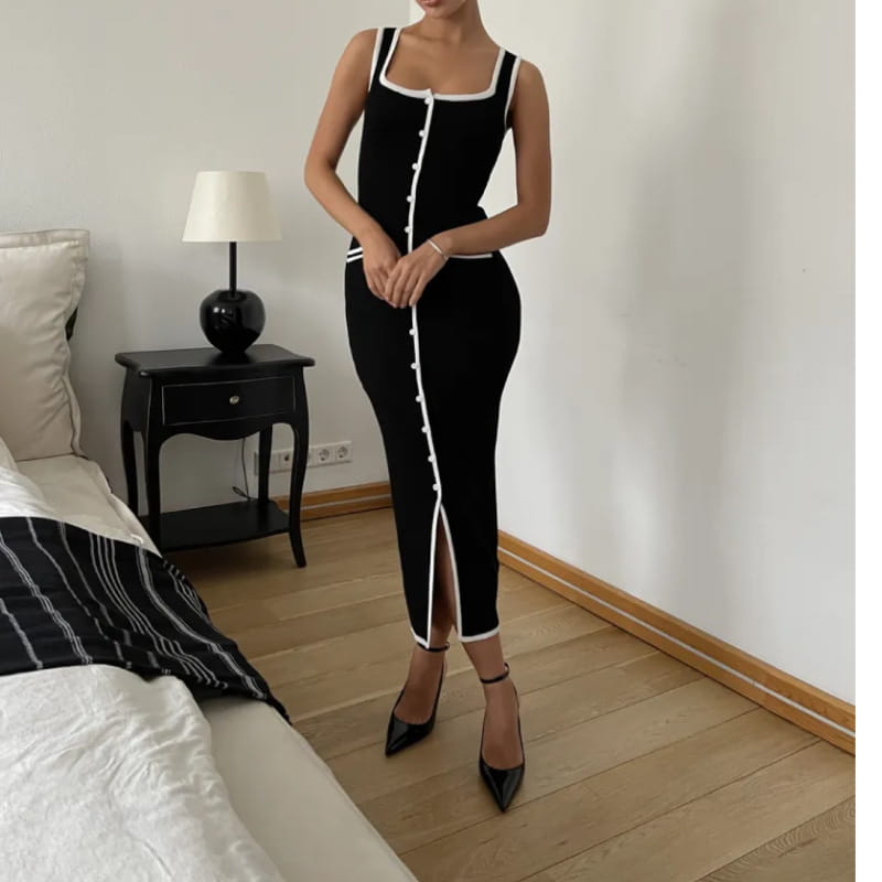 Vest-style Dress Contrast Color Single Row Multi-buckle Slit Long Knitted