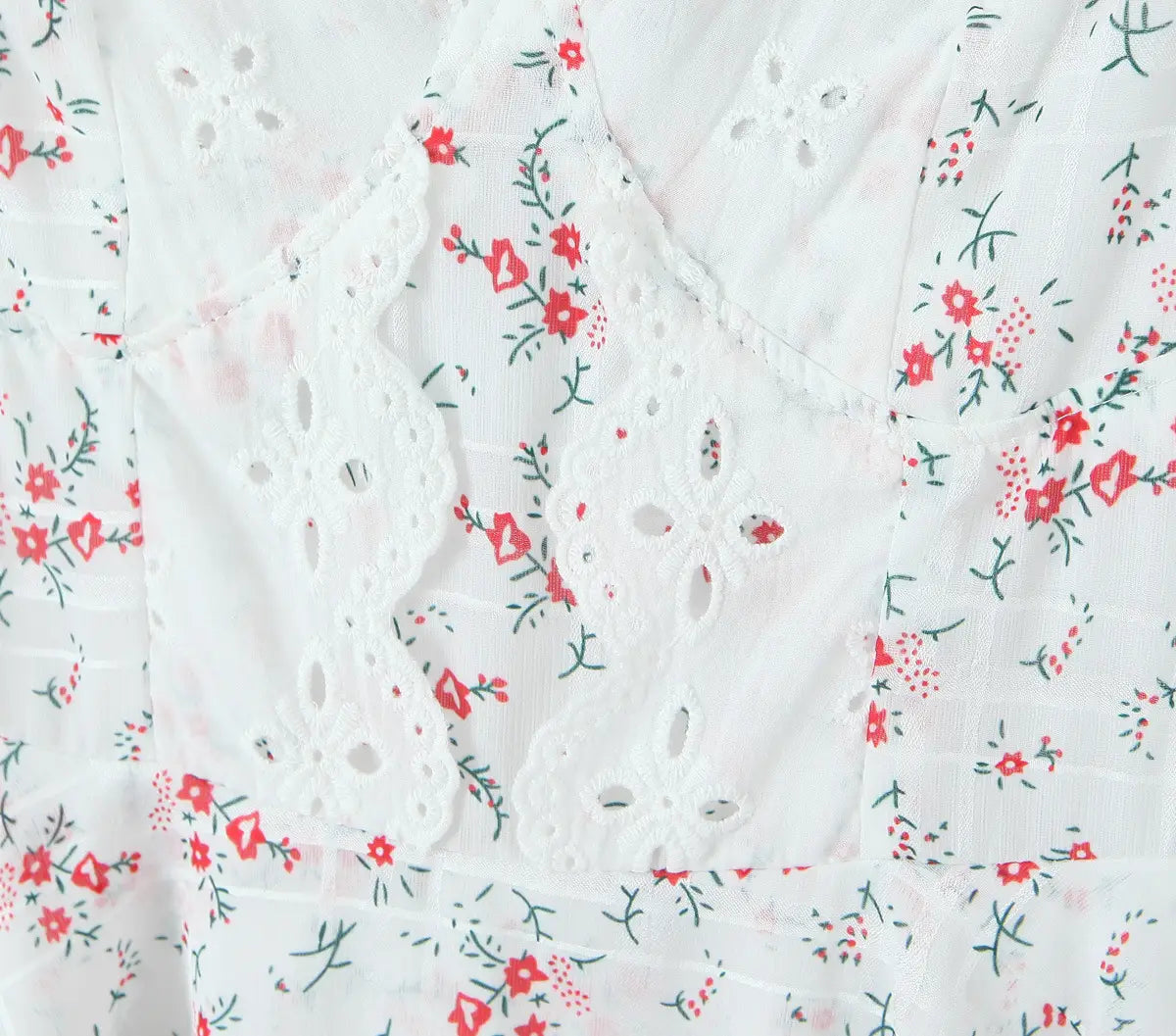 French Sweet Style Lace Stitching Flower Printed V-neck Short Sleeve Dress