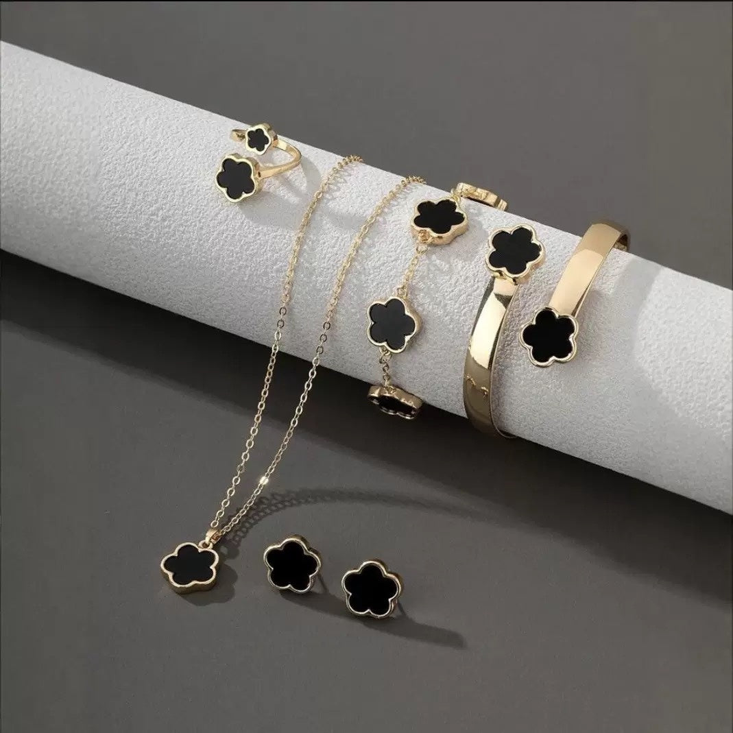 Five Petal Flower 5-piece Necklace Brace Lace Bracelet Stud Earrings Ring - Norellé
