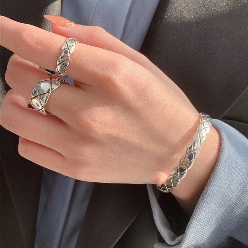 S925 Sterling Silver Thick And Thin Diamond Plaid Open Ring - Norellé