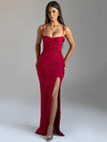 3D Flower Spaghetti Strap Maxi Dress Women - Red / S