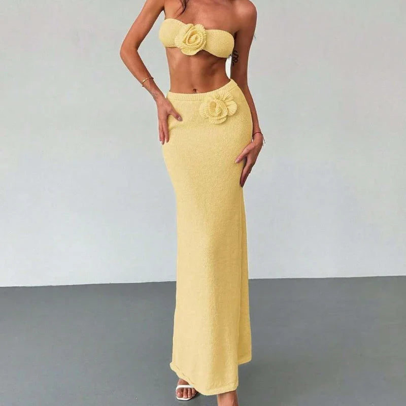 3D Flowers Knitted 2 Piece Set Women - Yellow / S
