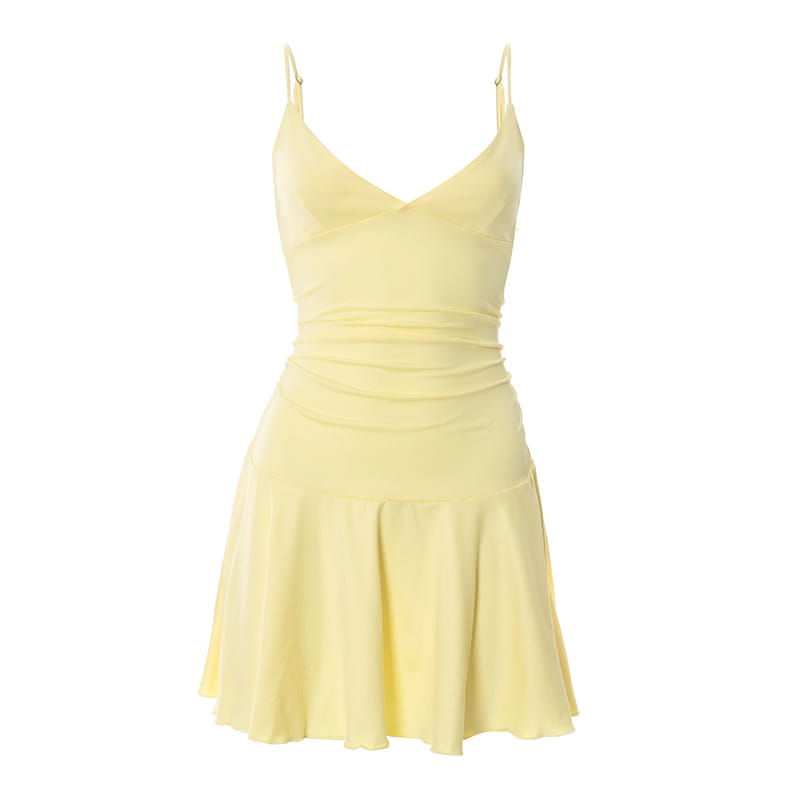 Solid Color V-neck Brace Ruffled Dress Women