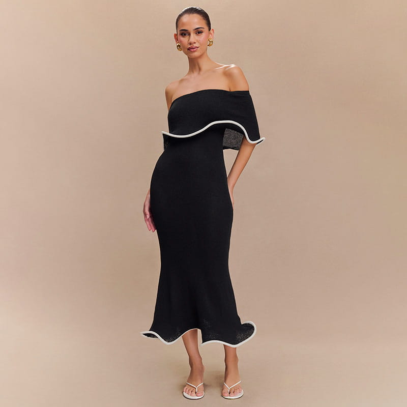 Contrast Color Waist Trimming Ruffles Tube Top Dress