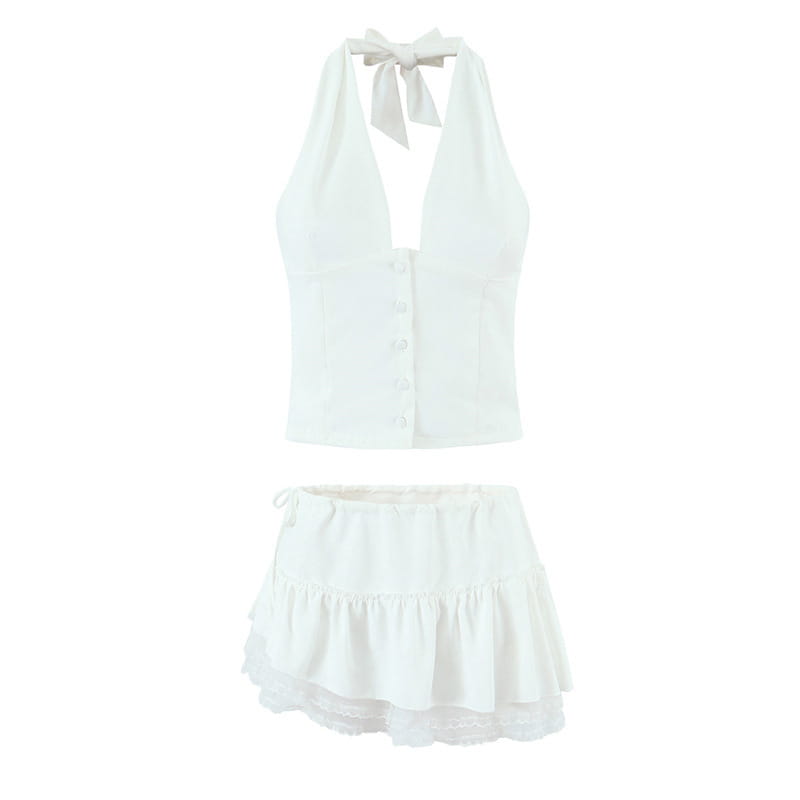 French Elegant Style Casual V-neck Backless Lace Up Halterneck Vest Short Skirt