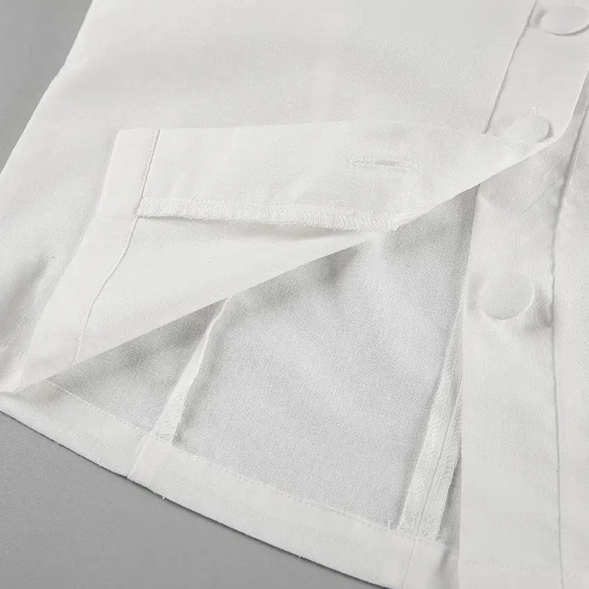 White Cotton Linen Sleeveless Stand Collar Top Slit Loose Long Skirt Two-piece Set