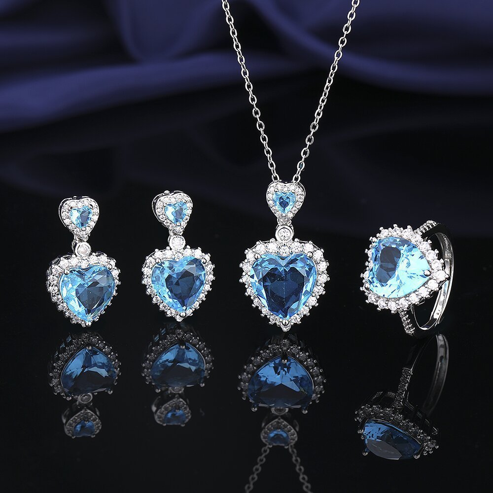 European And American Aquamarine Colored Gems Necklace Ear Stud Ring Women's - Norellé