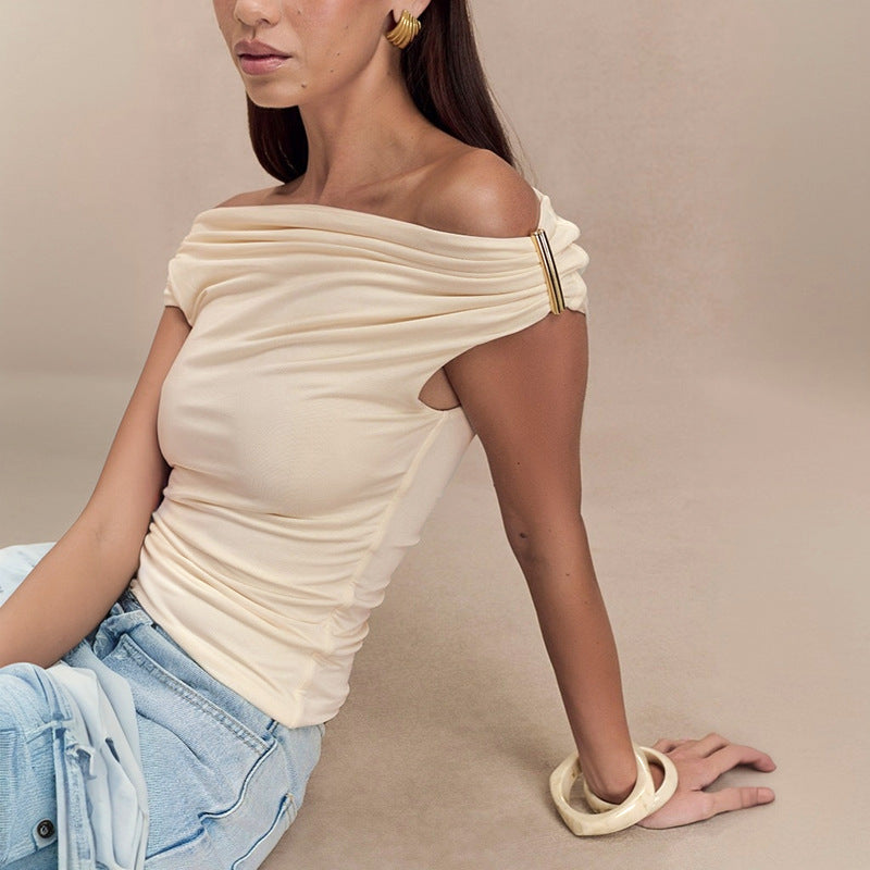 Women's Solid Color Pleated Off-shoulder Slim Off-shoulder Top - Norellé