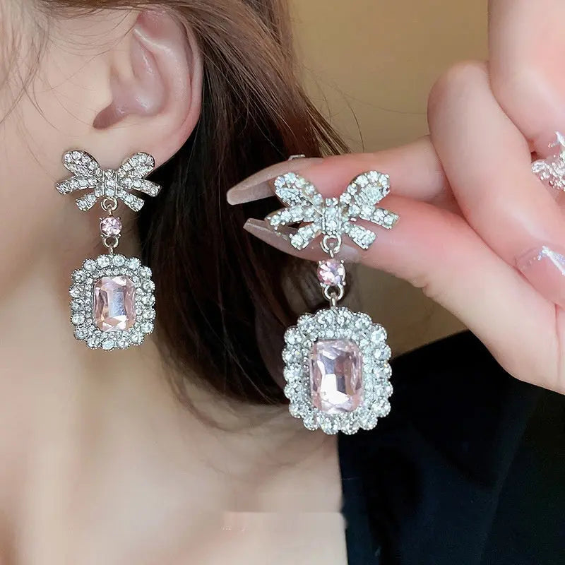 Rhinestone Zircon Square Bow Necklace And Earrings Suite - Norellé