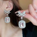 Rhinestone Zircon Square Bow Necklace And Earrings Suite - Norellé