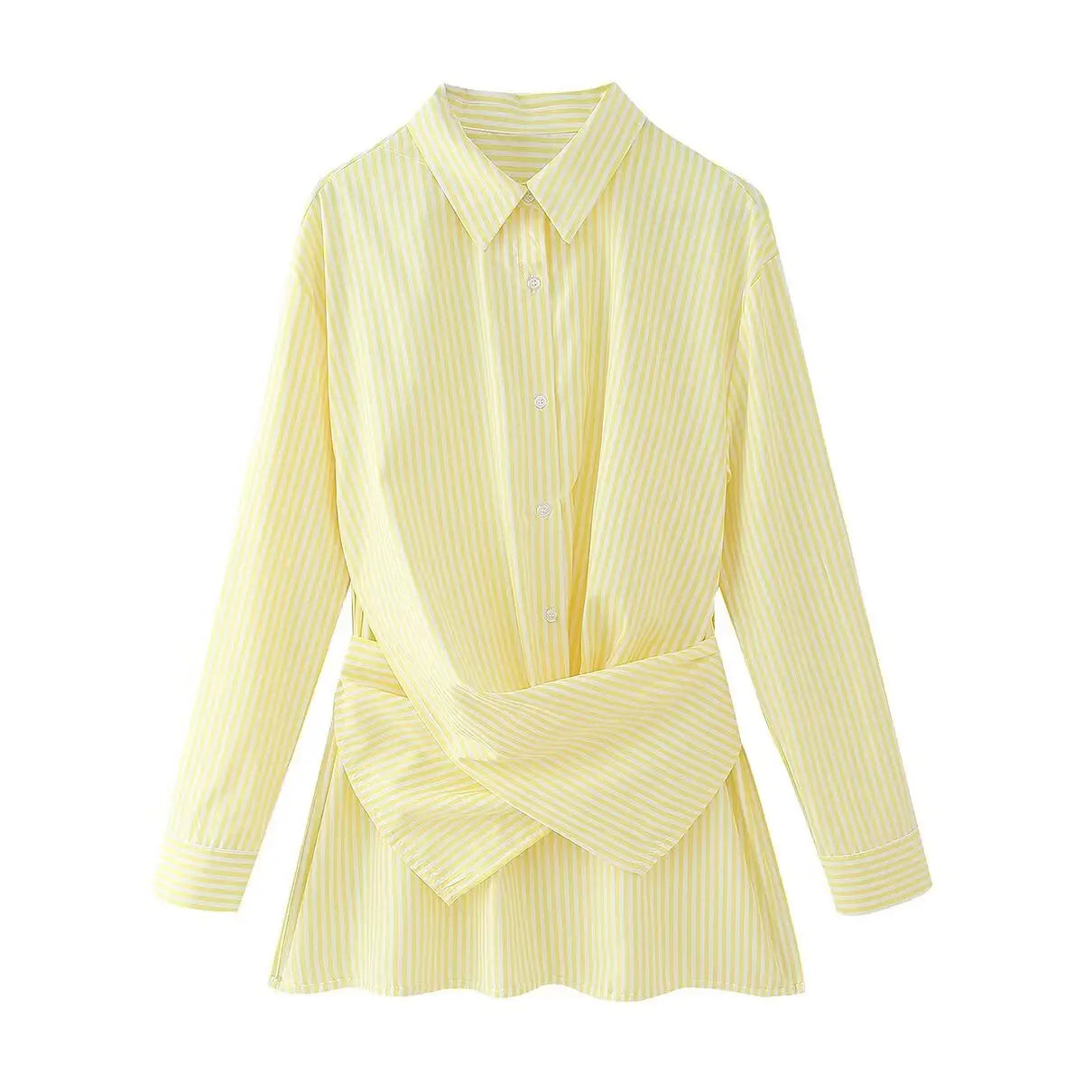 Loose Striped Lace-up Multi-color Long Sleeve Shirt