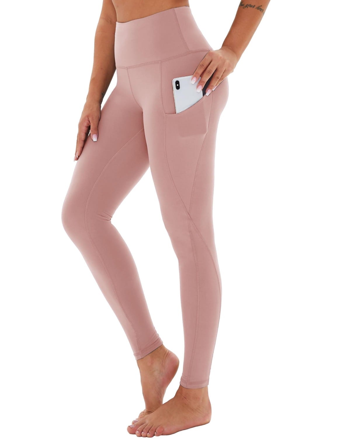 Yoga Pants - Cropped High-waisted Diagonal Pockets Polyester Double Mill Morandi Powder