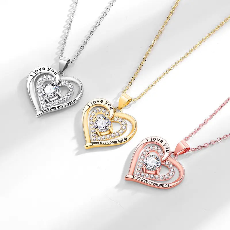 Birthstones Necklace Women’s Double Weight Heart Shape With Diamond