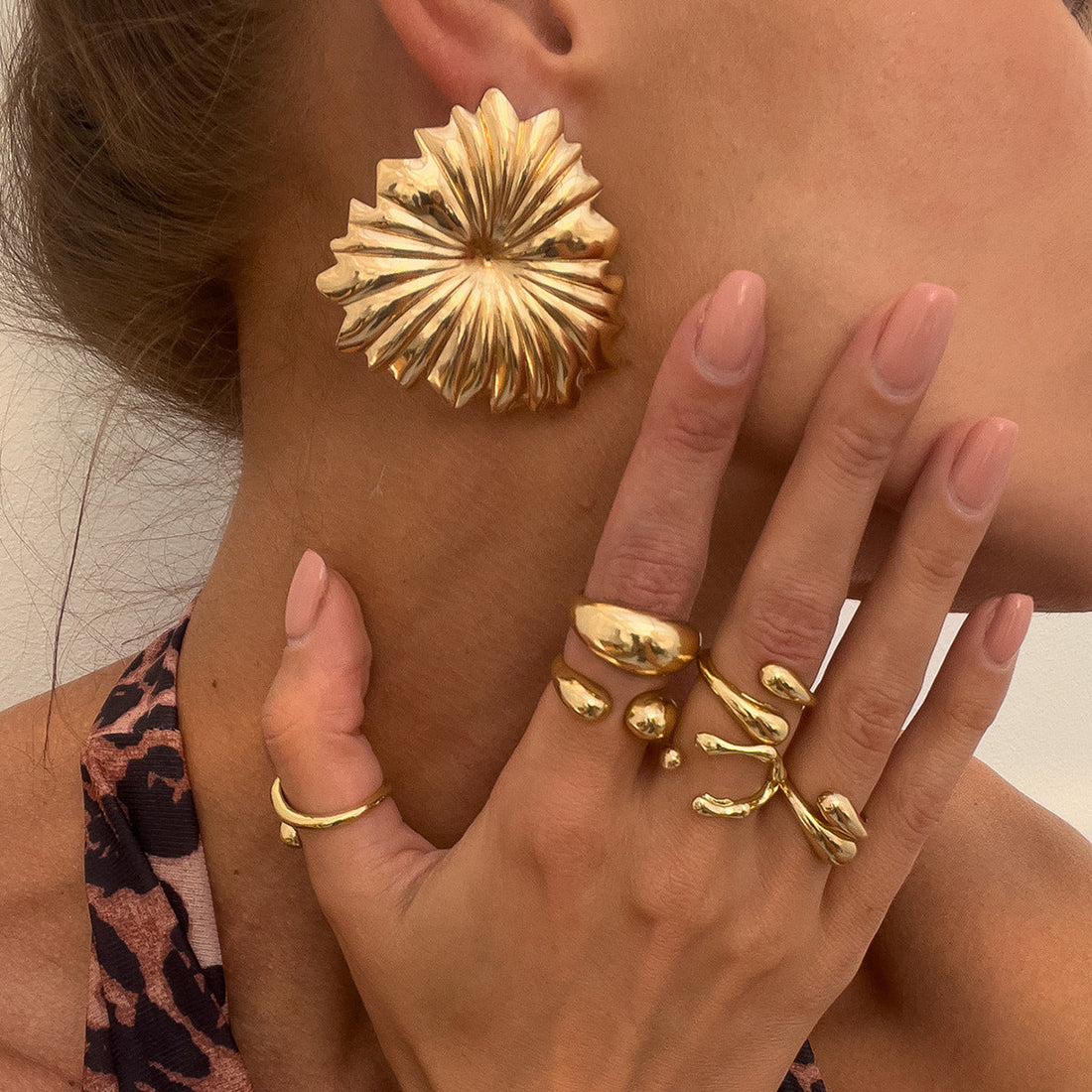 Metal Liquid Lava Ring Water Drop Hug Finger Ring Finger Ring Earrings Suit - Norellé