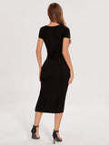 Women's  Round Neck Hollow Split To Thigh Drawstring Short Sleeve Dress - Norellé