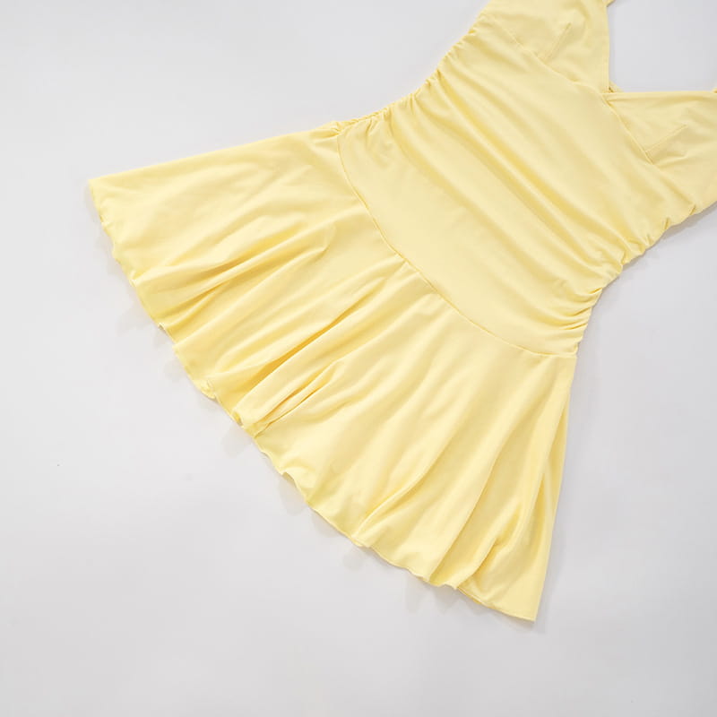 Solid Color V-neck Brace Ruffled Dress Women