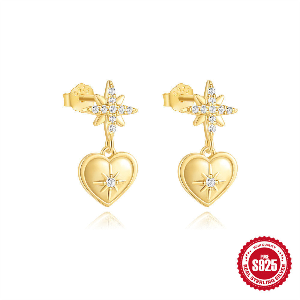 Sterling Silver Eight Awn Star Heart-shaped Glossy Eardrops Stud Earrings - Norellé