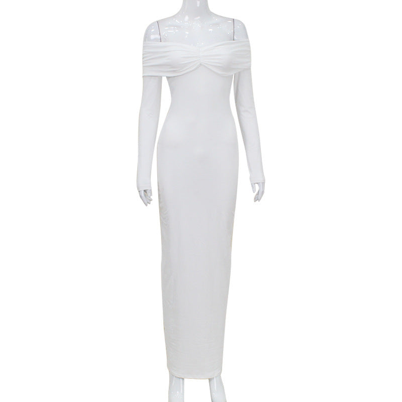 Solid Color French Style Off-shoulder Tube Top Long Sleeve Dress