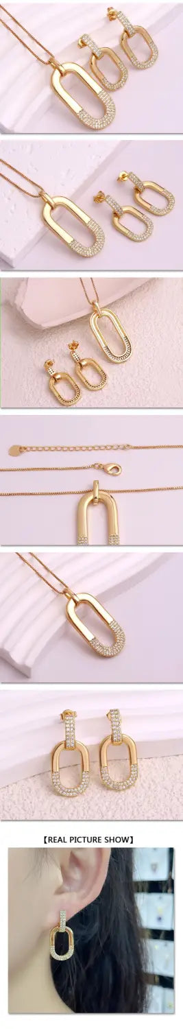 Oval Inlaid Zircon Ear Stud Necklace Female