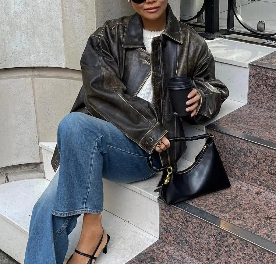 Jacket Coat Retro Washed Brushed Brown Distressed