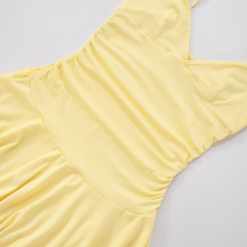 Solid Color V-neck Brace Ruffled Dress Women