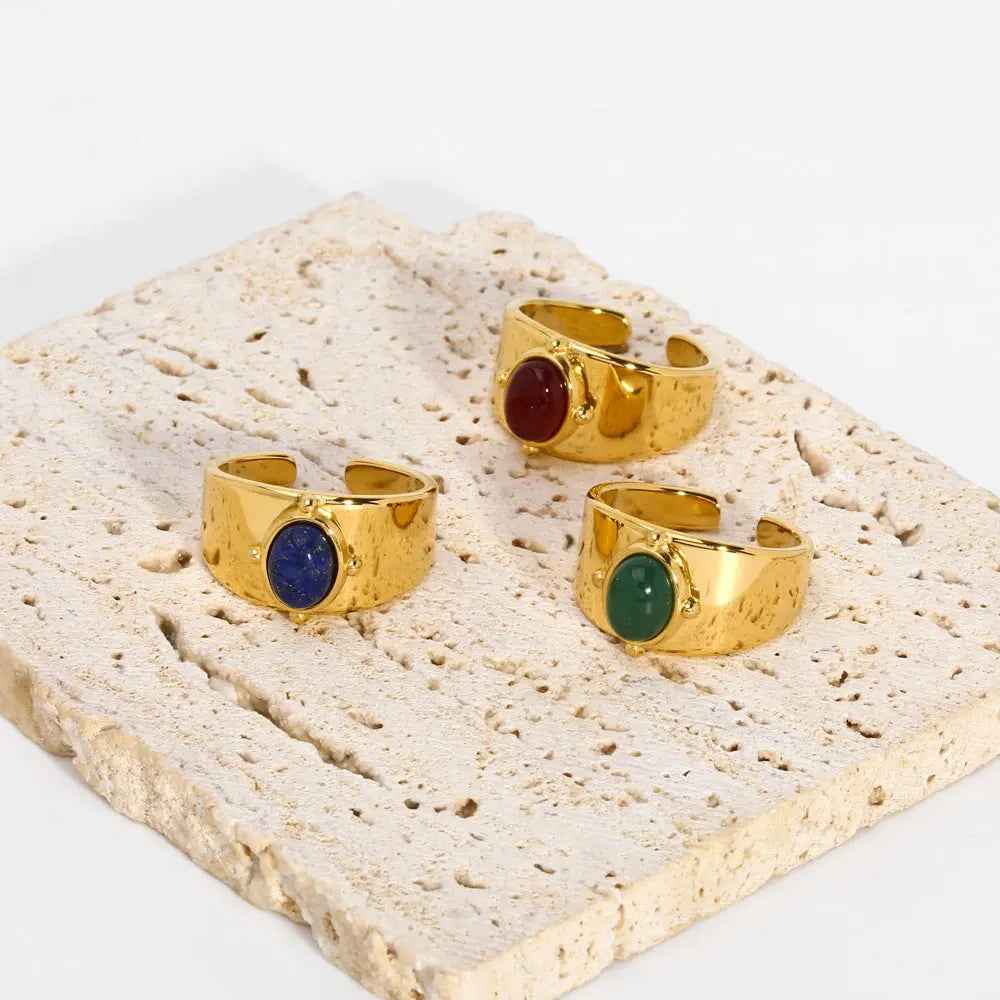 Gold Wide Face Inlaid Oval Natural Stone Ring - Norellé