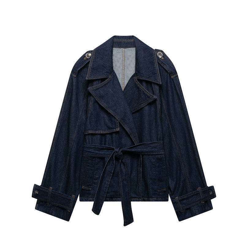 French Blue Belt Short Wide Design Denim Trench Coat - Norellé