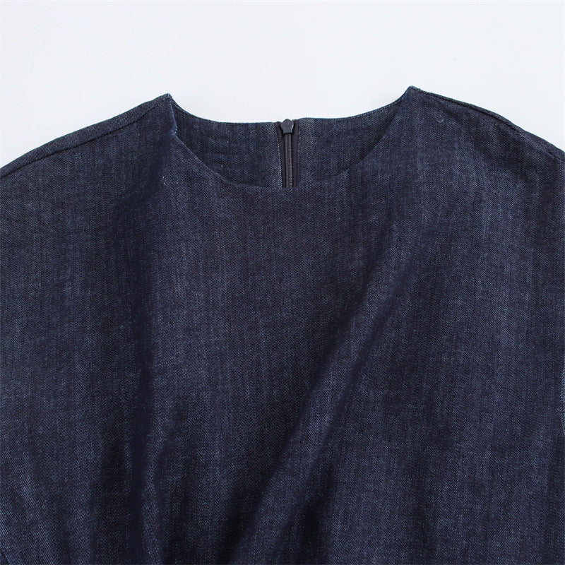 Round Neck Sleeveless Gold Inlaid Back Slit Denim Dress - Norellé