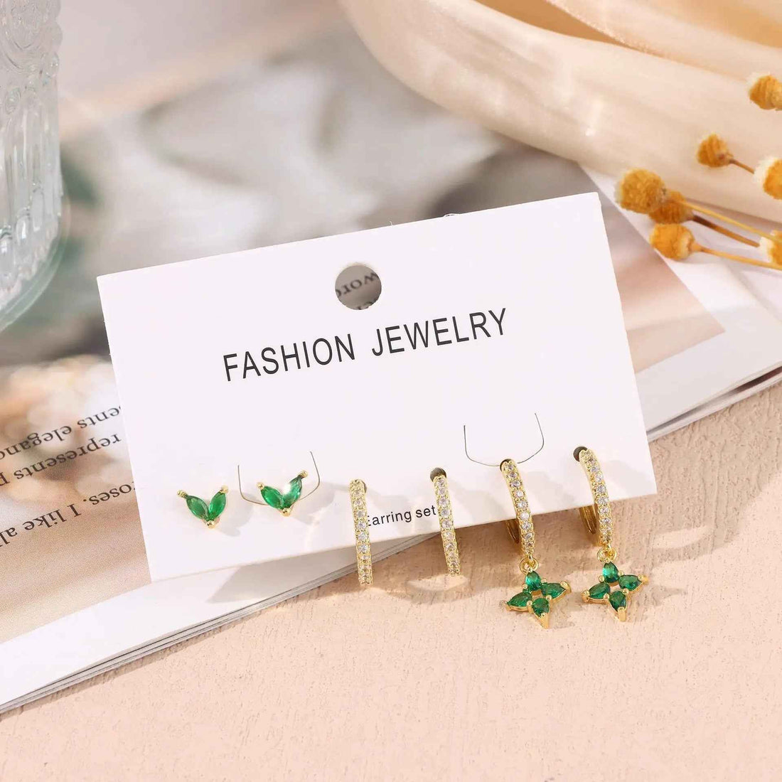 Green Inlaid Zircon Fashion Women's Earrings Three-piece Set - Norellé