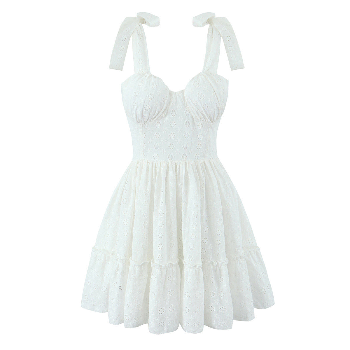 Sweet Cutout Embroidery Chic Lace Up Short Dress French Style V-neck - Norellé