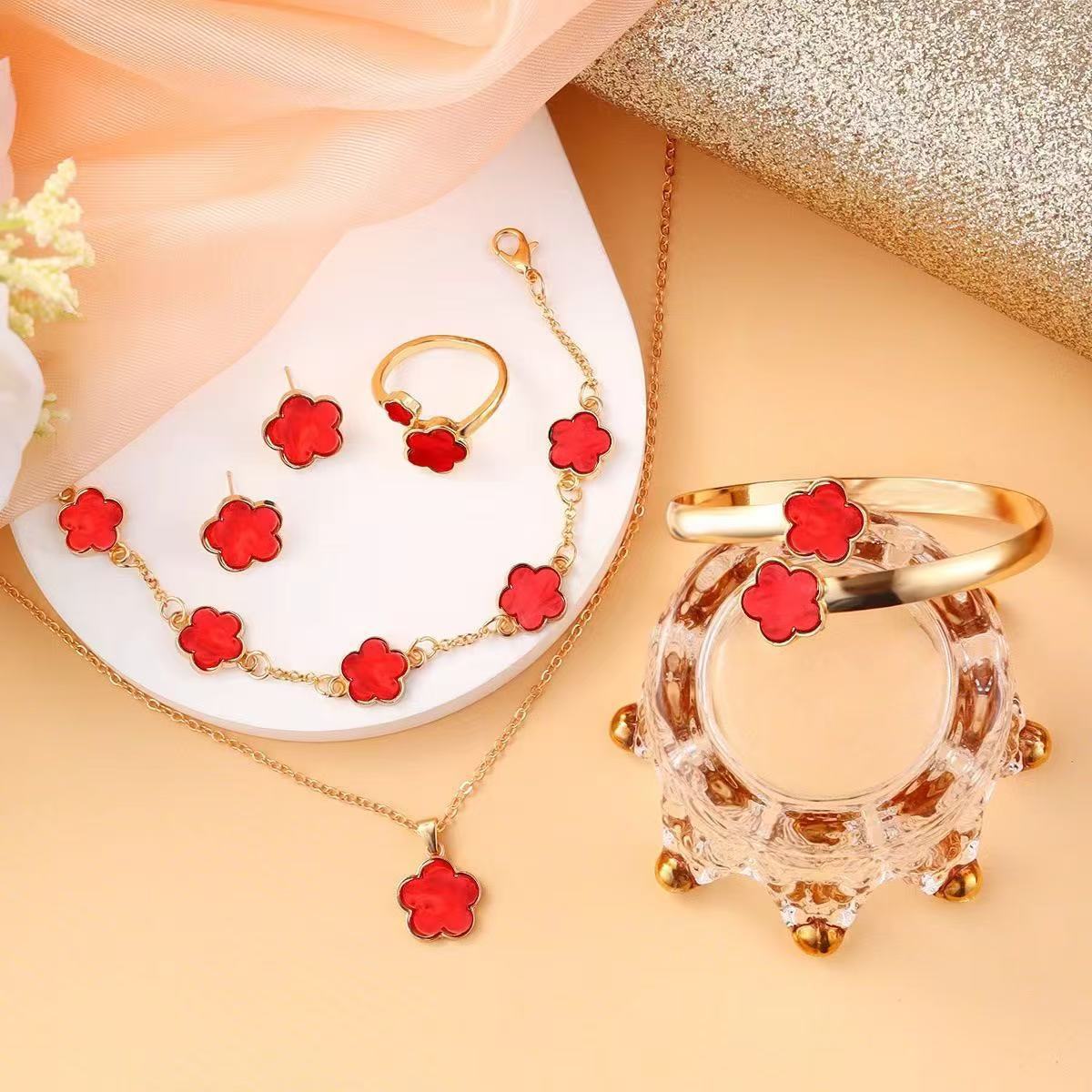 Five Petal Flower 5-piece Necklace Brace Lace Bracelet Stud Earrings Ring - Norellé