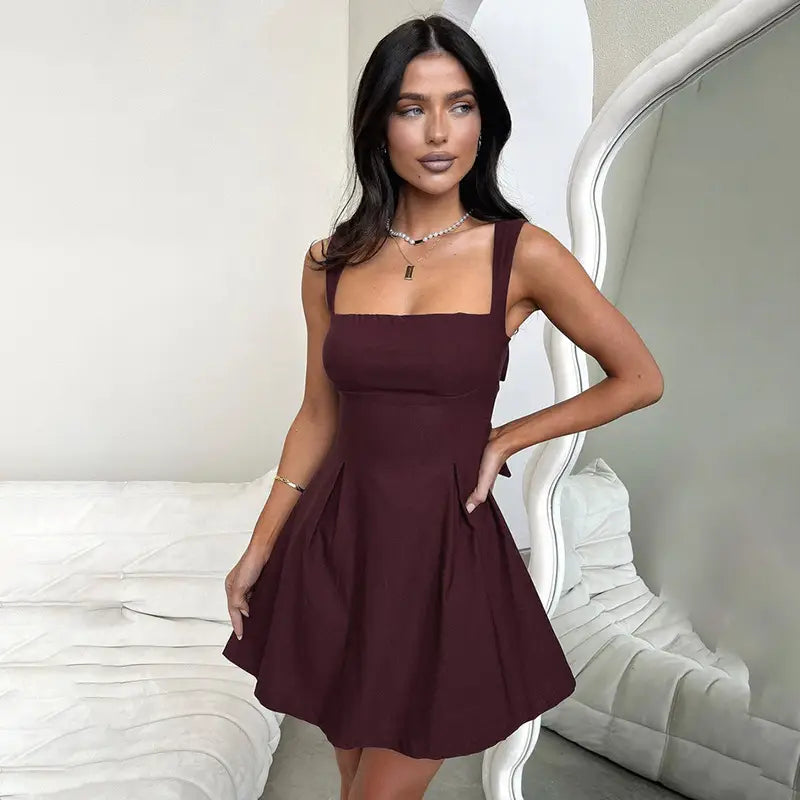 Solid Color Sling Slim-fit Pleated Skirt High Waist Dress