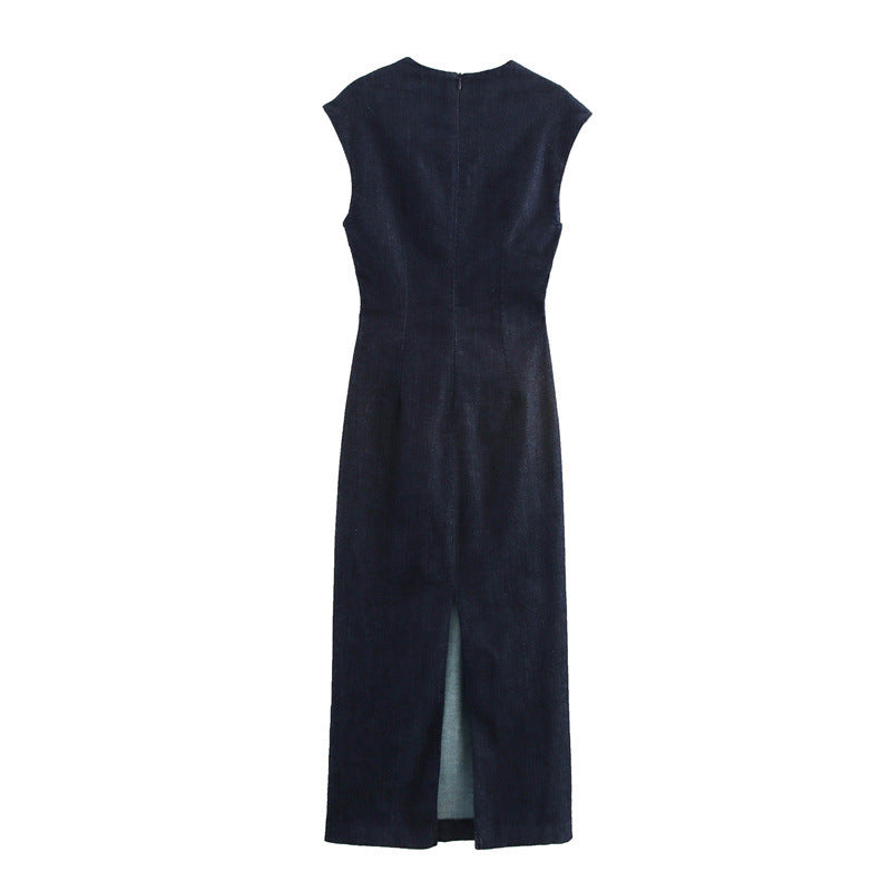 Round Neck Sleeveless Gold Inlaid Back Slit Denim Dress - Norellé