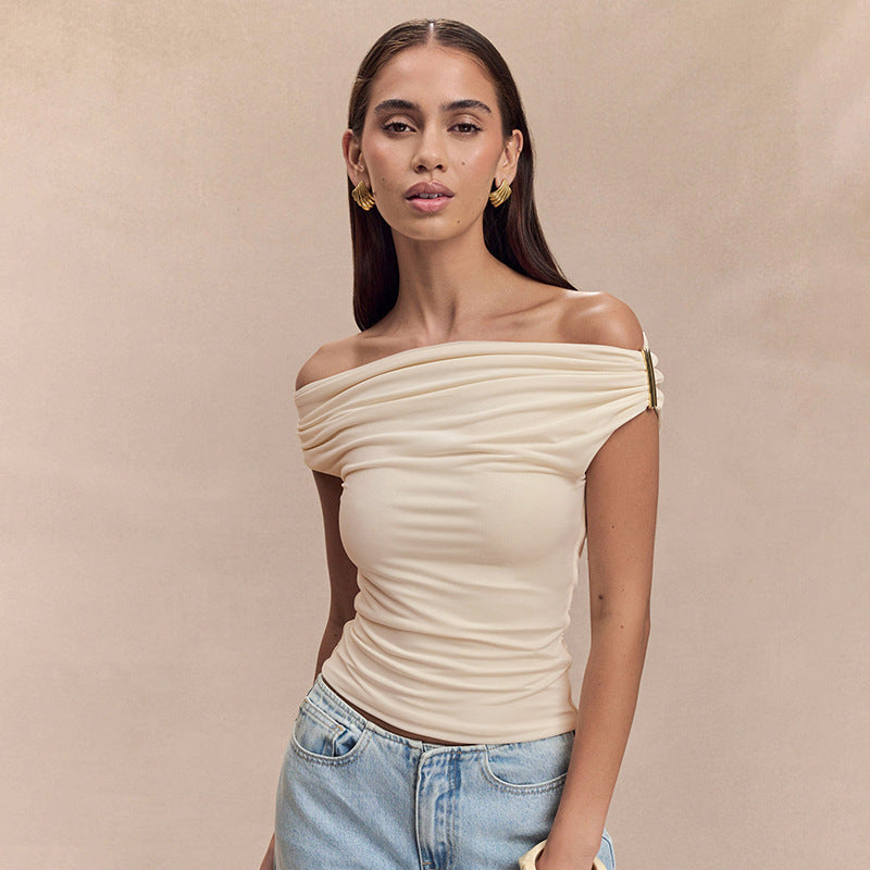 Women's Solid Color Pleated Off-shoulder Slim Off-shoulder Top - Norellé