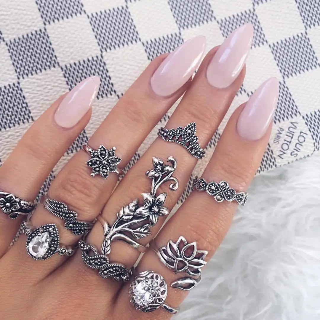 Bohemian Antique Silver Rose Lotus Glass Drill Knuckle Ring - Norellé