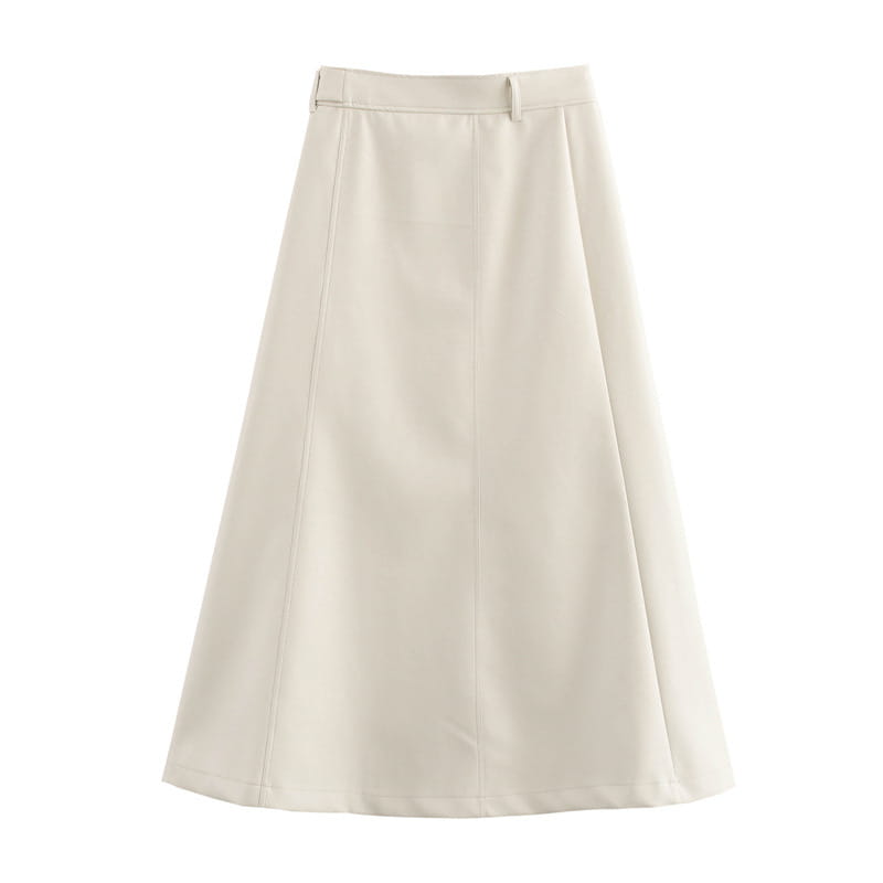 High Waist Pure Color With Belt A- Line Faux Leather Midi Skirt