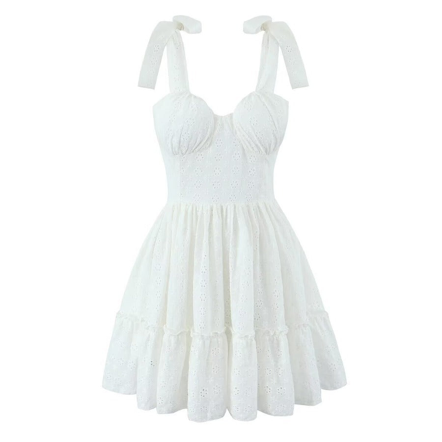 Sweet Cutout Embroidery Chic Lace Up Short Dress French Style V-neck - Norellé
