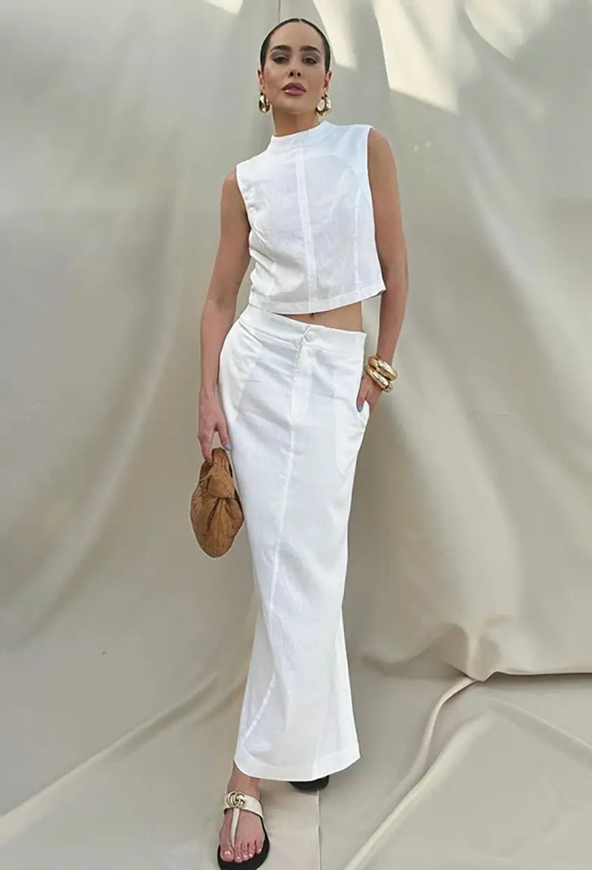 White Cotton Linen Sleeveless Stand Collar Top Slit Loose Long Skirt Two-piece Set