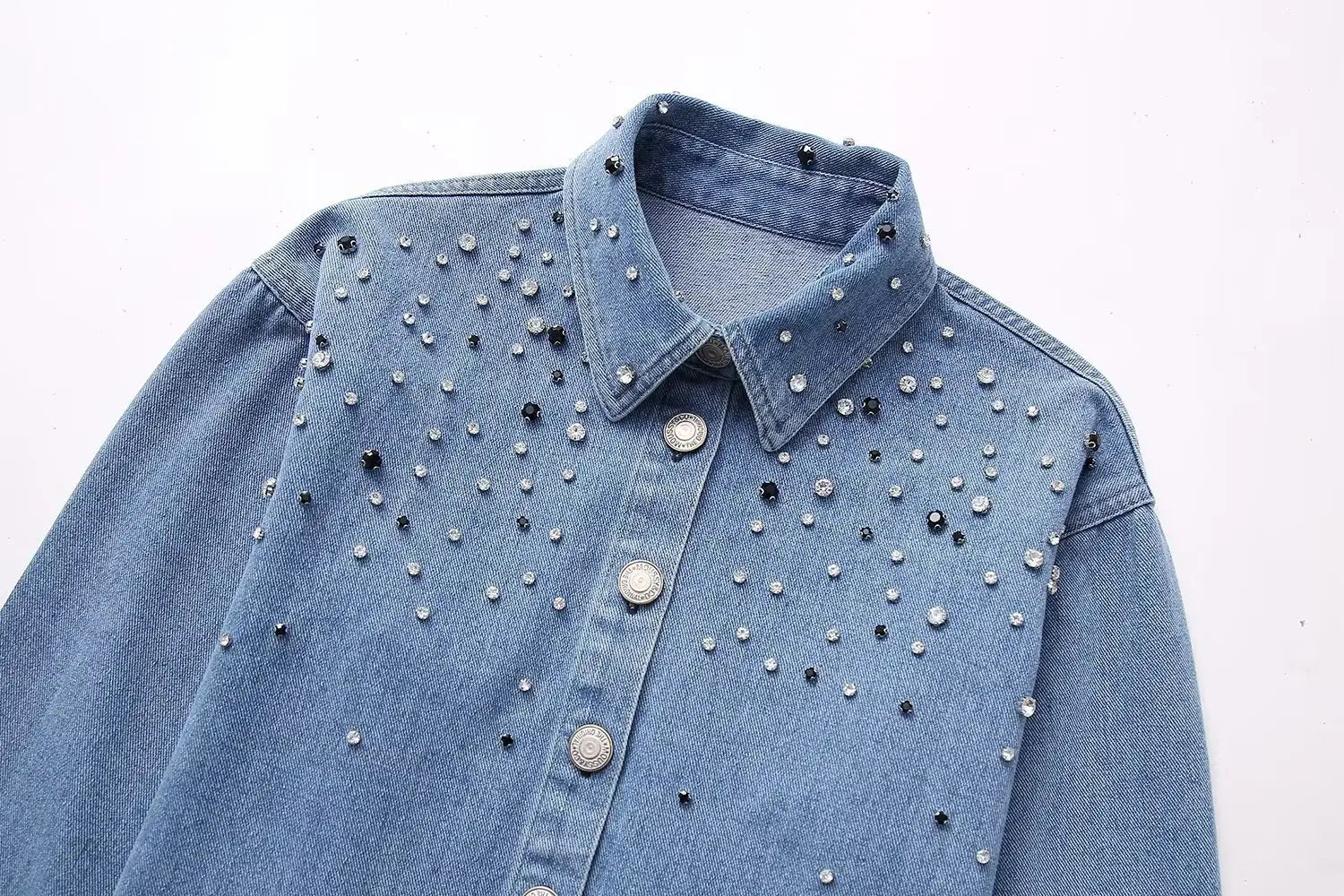 Long Sleeve Rhinestone Short Denim Shirt
