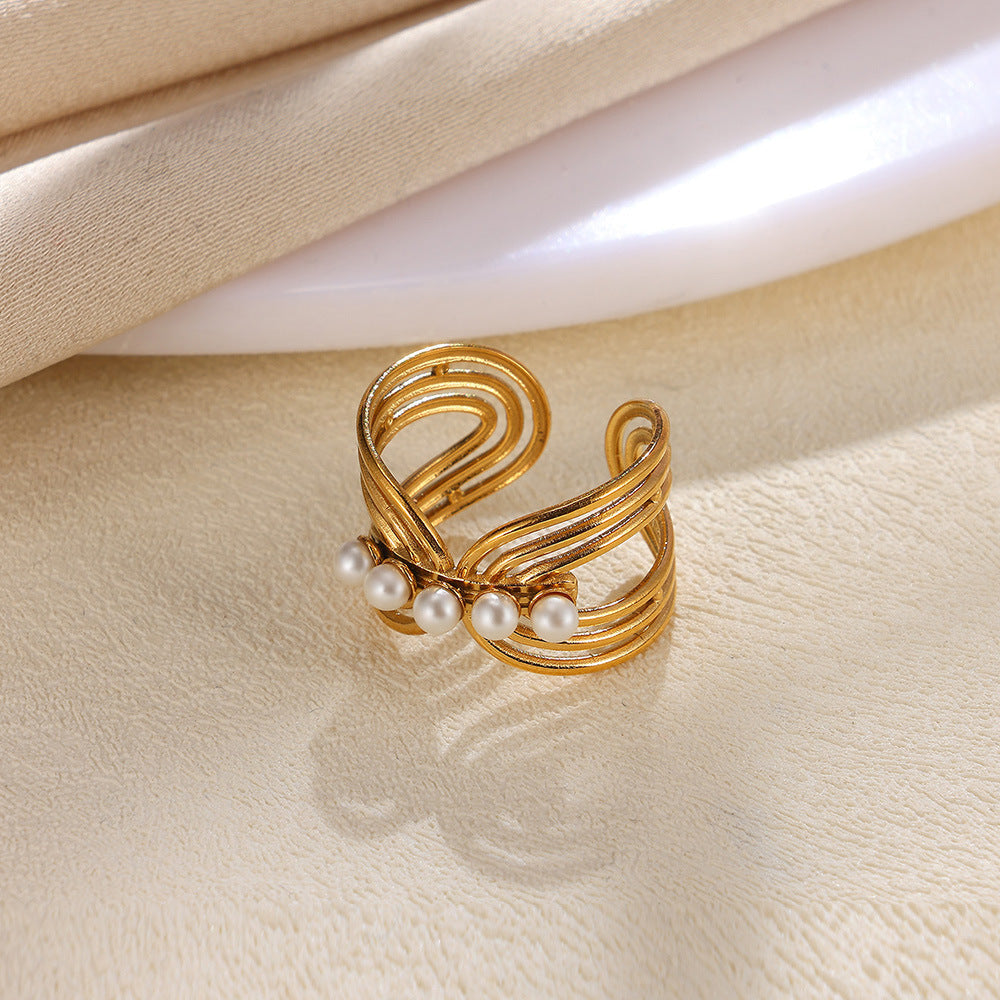 Stainless Steel Pearl Hollow Geometry Open Ring - Norellé
