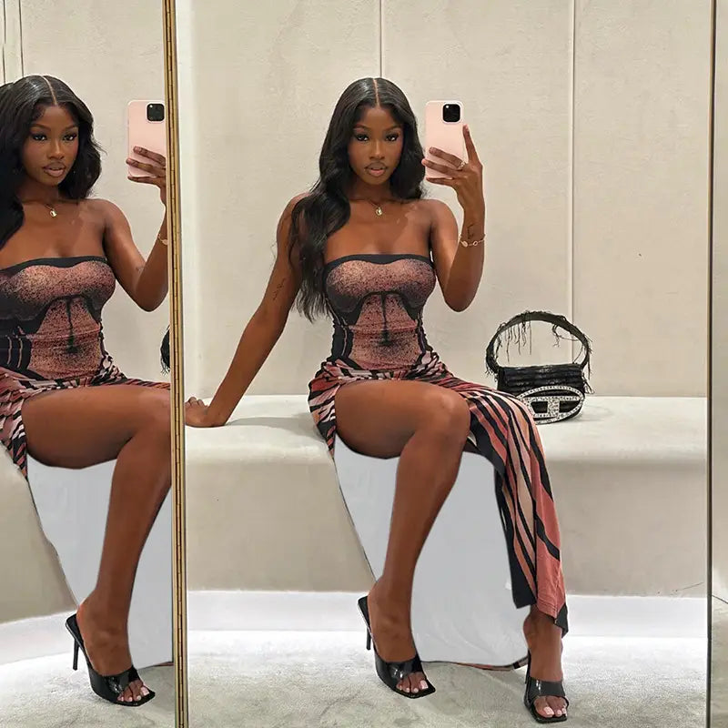 Women’s Spring Clothing Tube Top Dress High Slit Long