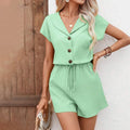 Women's 2-Piece Lounge Set, Textured Short Sleeve Button-Down Shirt And Matching Shorts Outfit - Norellé