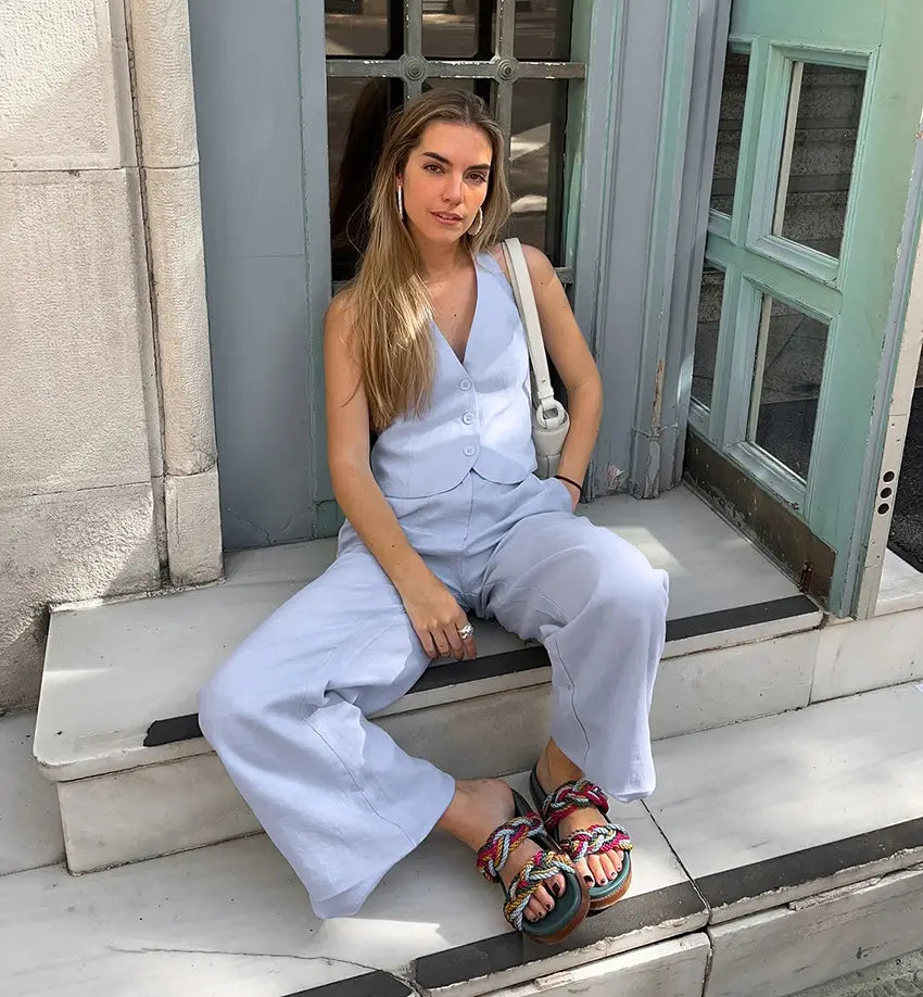 Blue Cotton Linen Sleeveless Waistcoat Vest Trousers Suit