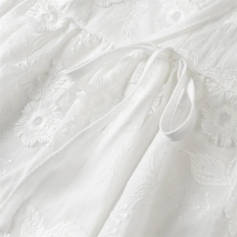 Flower Embroidered Cotton Short-Sleeved Shorts Two-piece Suit