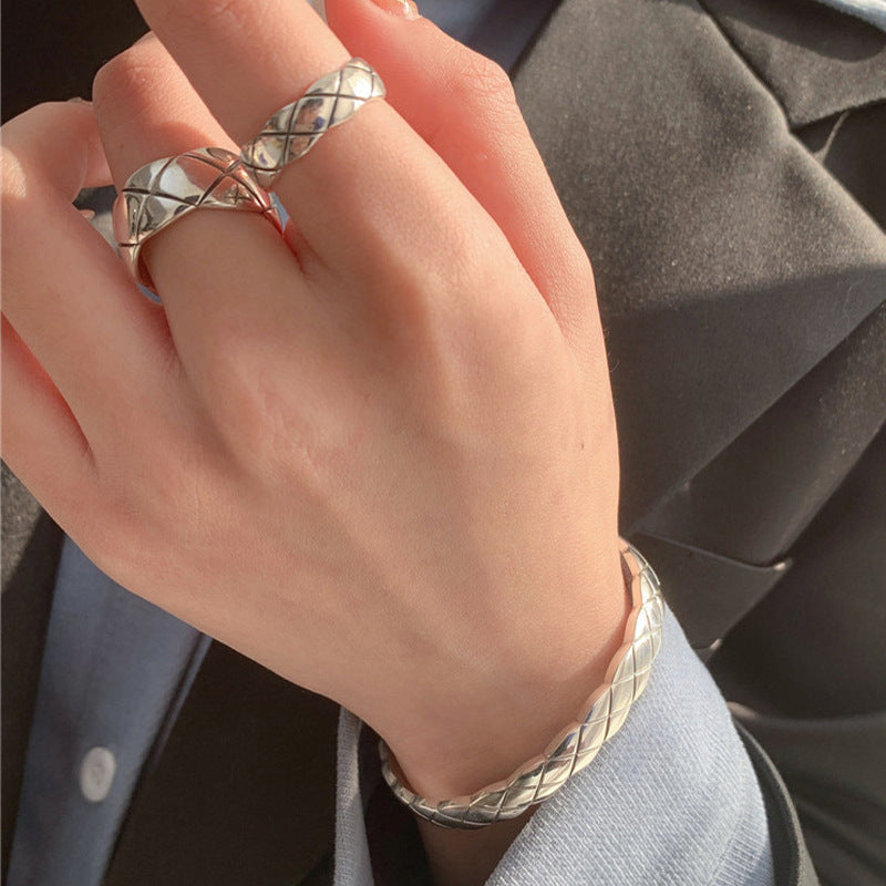 S925 Sterling Silver Thick And Thin Diamond Plaid Open Ring - Norellé