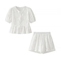 Flower Embroidered Cotton Short-sleeved Shorts Two-piece Suit - Norellé